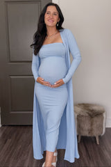 Light Blue Ribbed Sleeveless Dress Cardigan Maternity Set