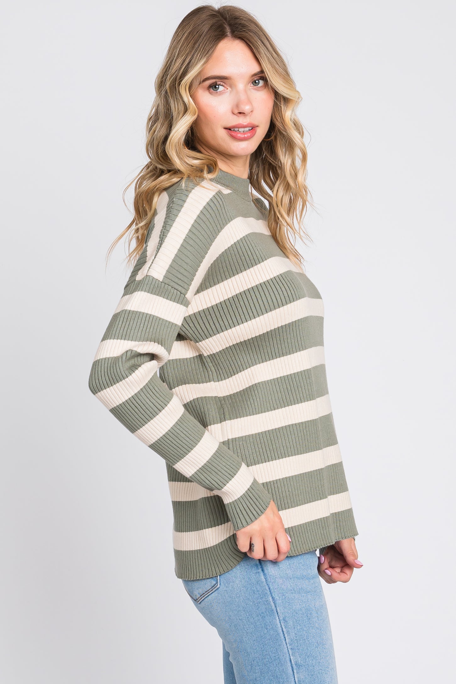 Olive Striped Ribbed Long Sleeve Top