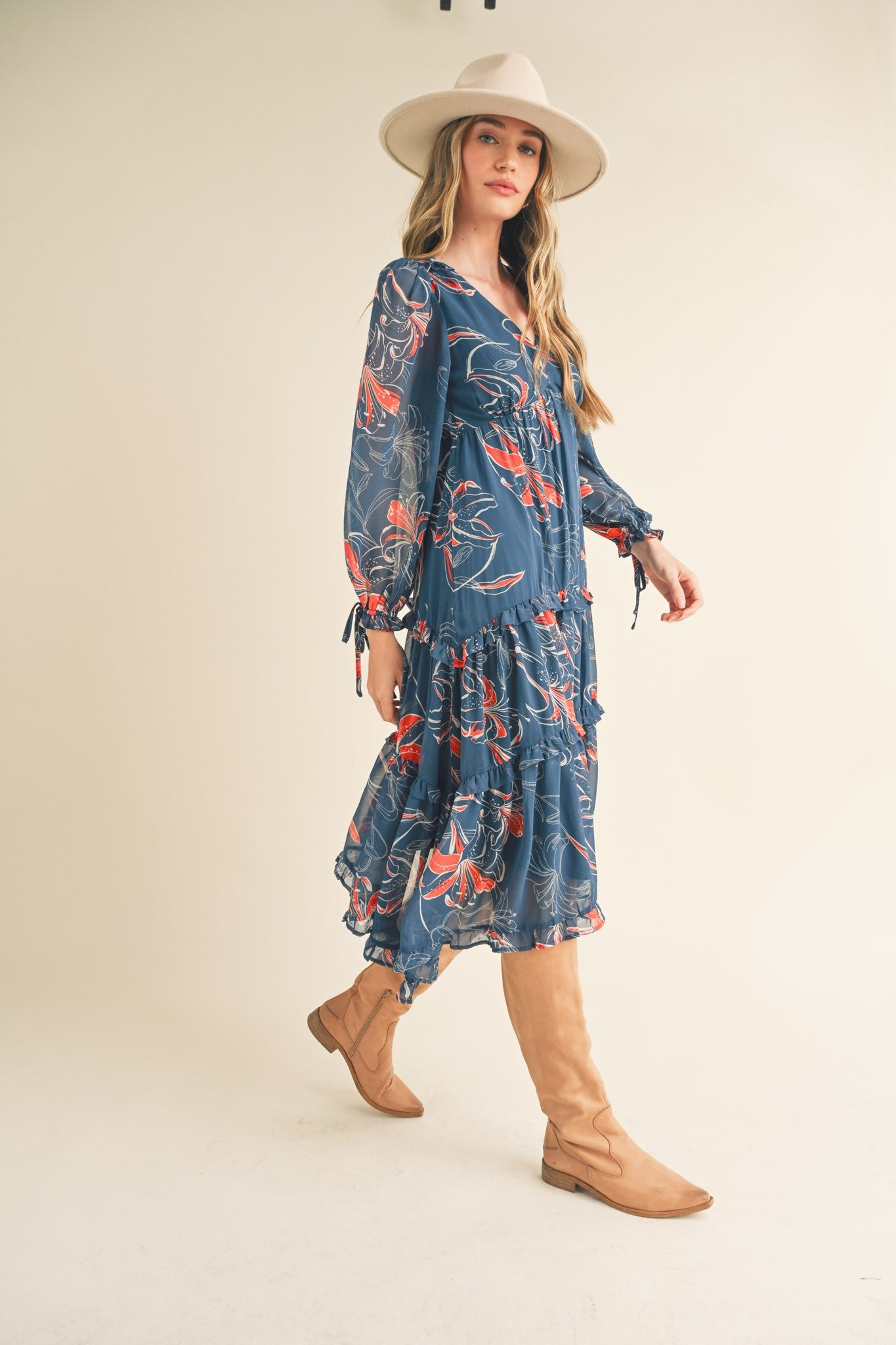 Dark Teal Floral Chiffon Ruffle Tiered Midi Dress