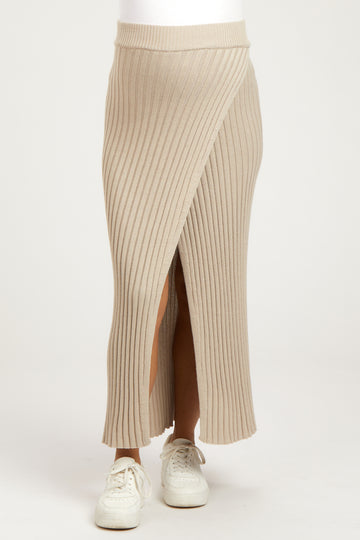 Beige Ribbed Knit Wrap Maternity Maxi Skirt