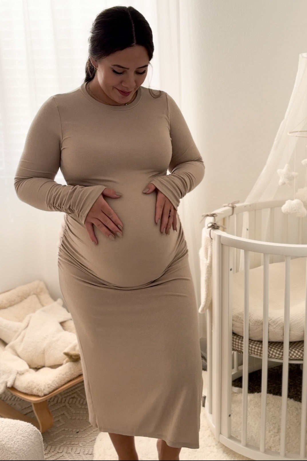 Beige Ruched Long Sleeve Maternity Midi Dress