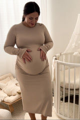 Beige Ruched Long Sleeve Maternity Midi Dress