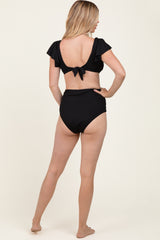 Black Ribbed Ruffle Shoulder Front Tie High Waist Two-Piece Swimsuit