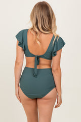 Olive Ribbed Ruffle Shoulder Front Tie High Waist Two-Piece Swimsuit