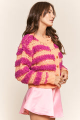 Tangerine Fuchsia Fuzzy Stripe Long Sleeve Cardigan