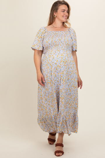Light Blue Floral Smocked Plus Maternity Maxi Dress