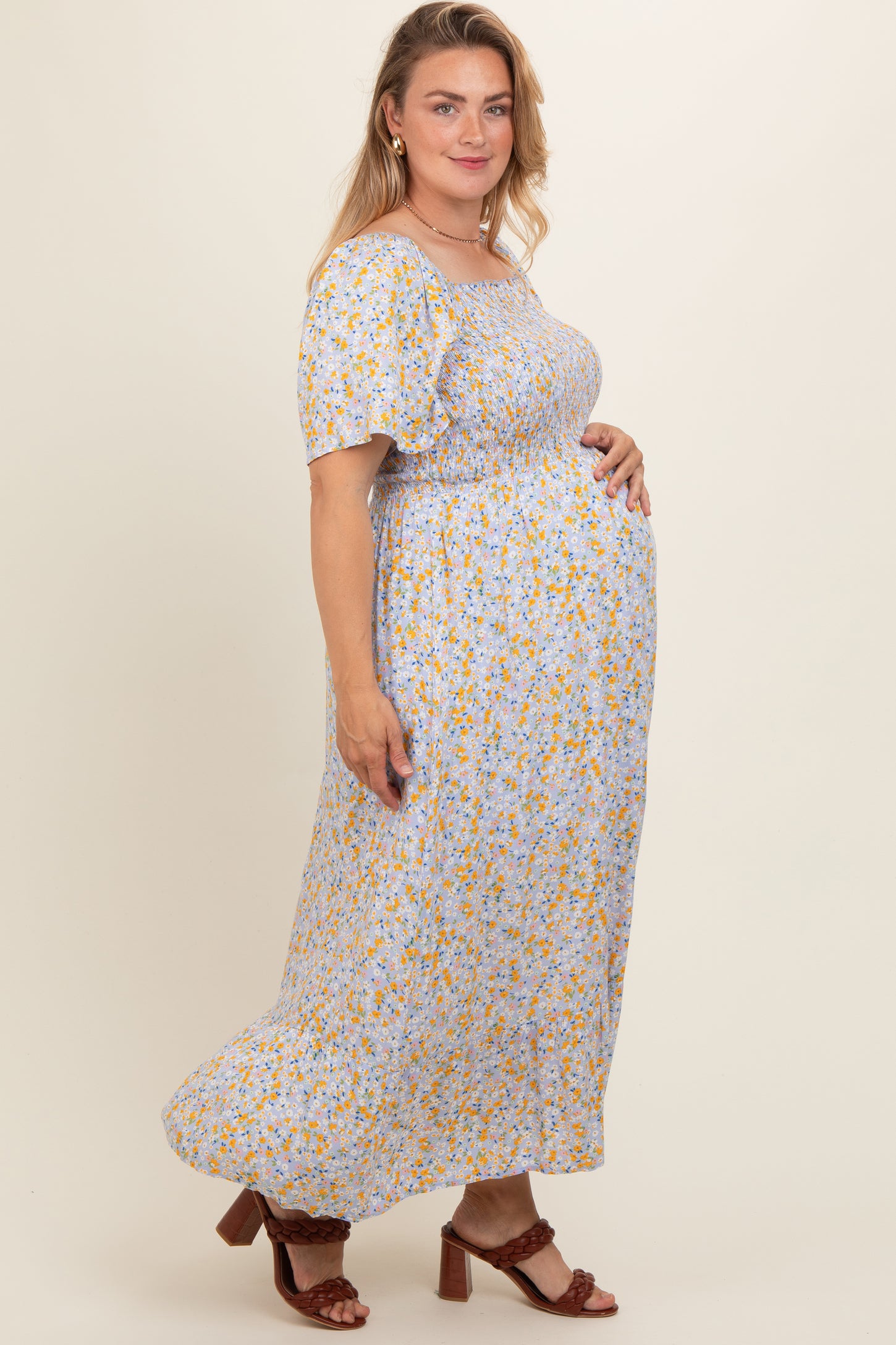 Light Blue Floral Smocked Plus Maternity Maxi Dress