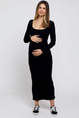 Black Ribbed Scoop Neck Maternity Midi Dress