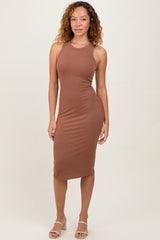 Mocha Sleeveless Ribbed Fitted Midi Dress