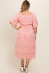 Light Pink Swiss Dot Smocked Tiered Maternity Plus Midi Dress