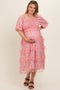 Pink Floral Tulle Smocked Ruffle Tiered Maternity Plus Midi Dress