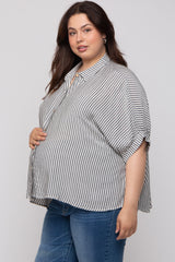 Charcoal Striped Button Up Short Dolman Sleeve Maternity Plus Top