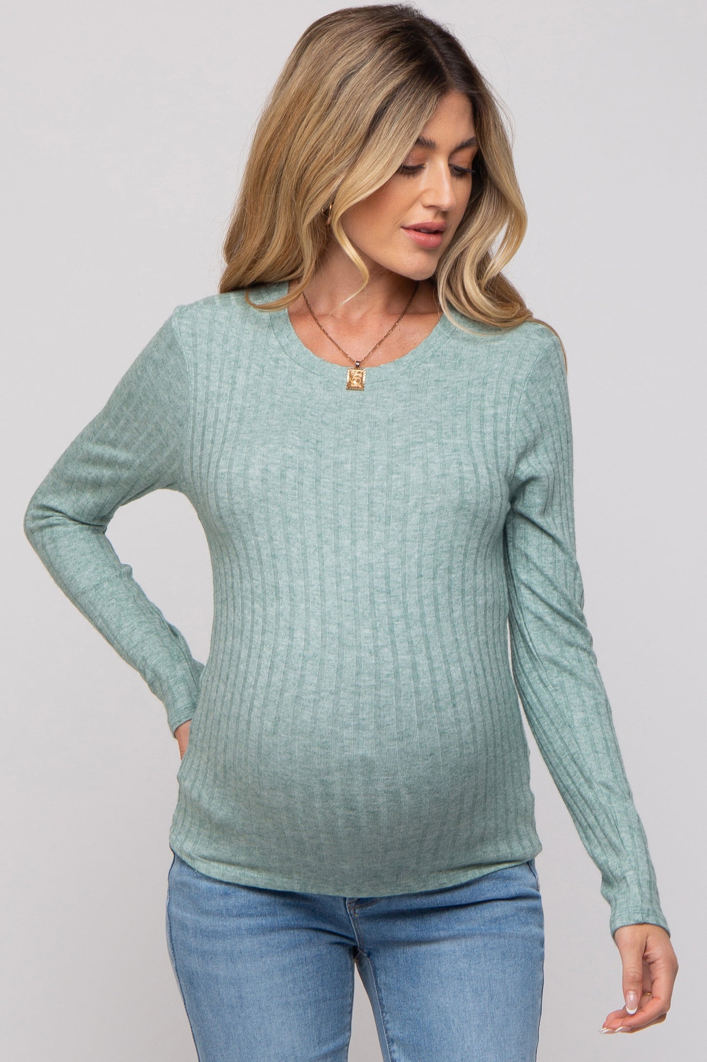 Green Ribbed Long Sleeve Top