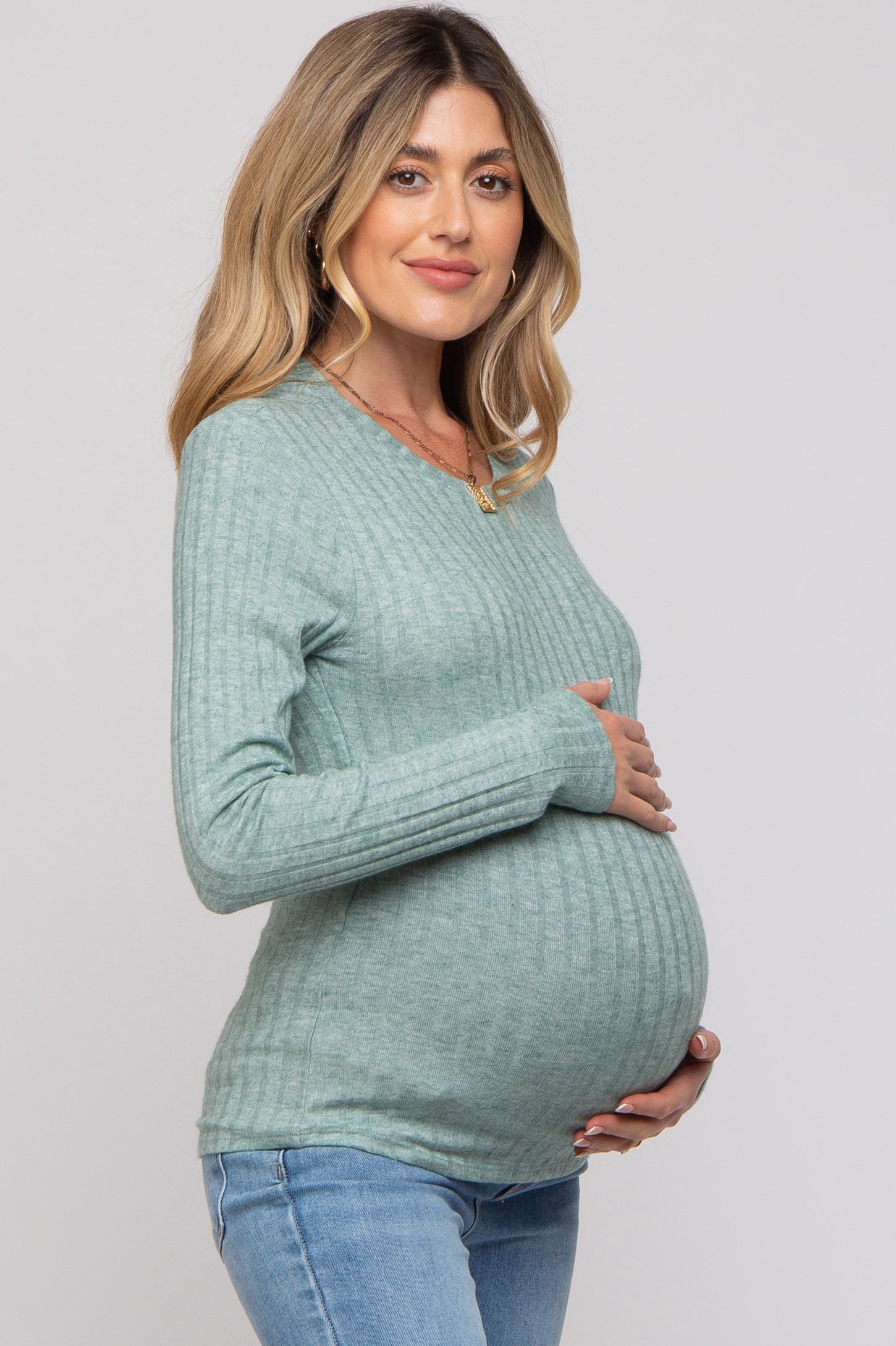 Green Ribbed Long Sleeve Top