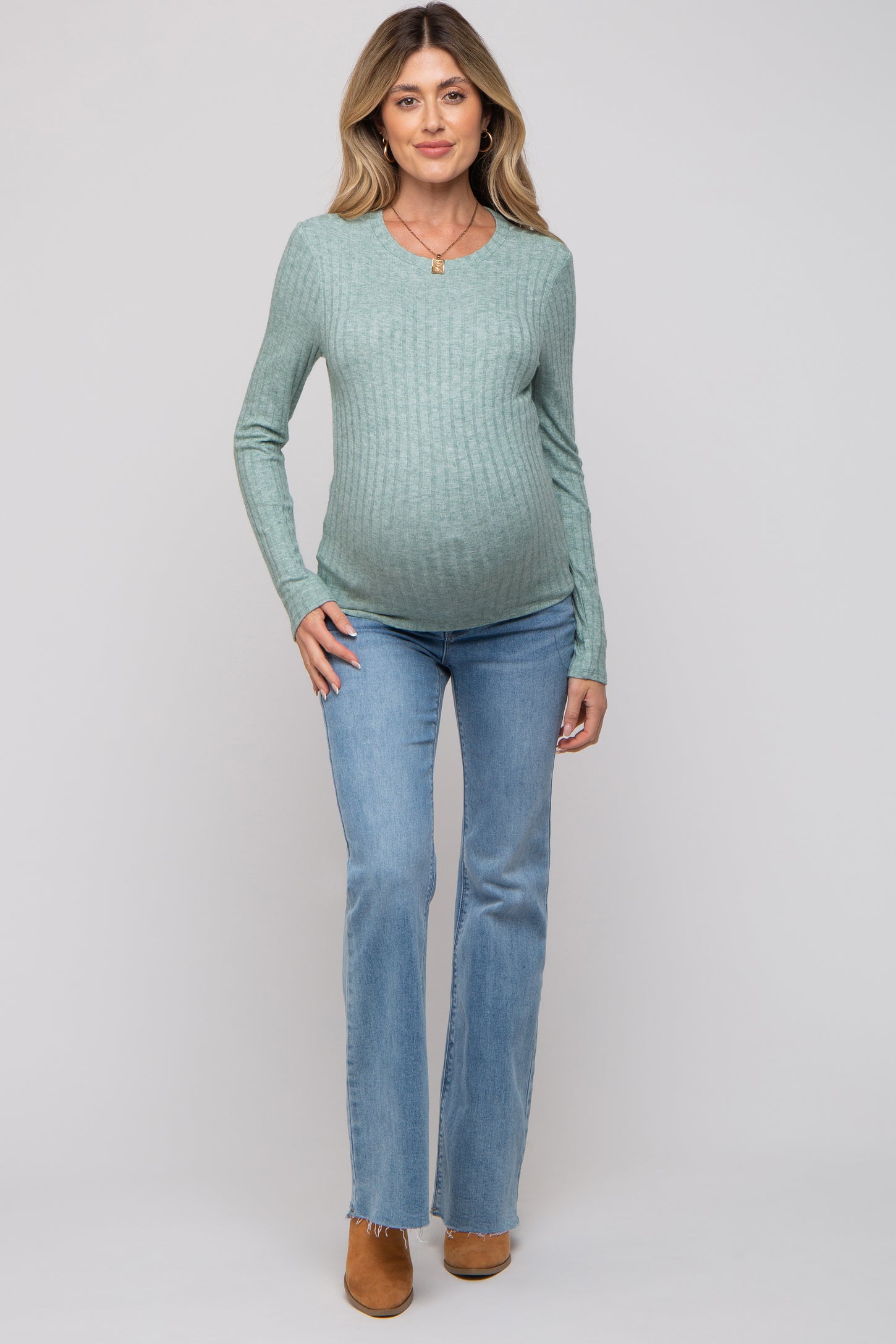 Green Ribbed Long Sleeve Top
