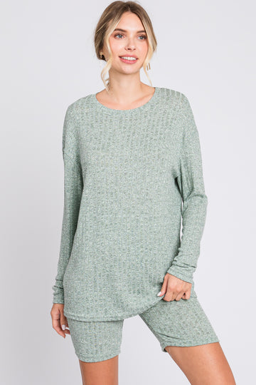 Green Ribbed Long Sleeve Shorts Set