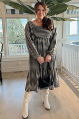 Black Gingham Long Sleeve Midi Dress