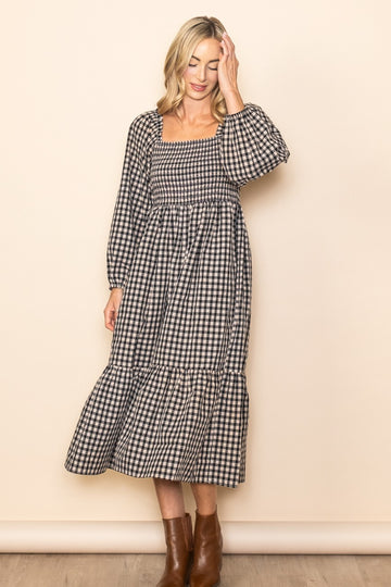 Black Gingham Long Sleeve Midi Dress