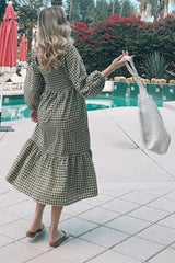 Olive Gingham Long Sleeve Midi Dress