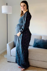 Dark Teal Floral Smocked Wide Leg Maternity Jumpsuit
