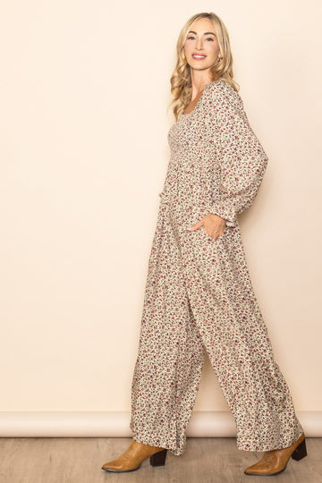 Beige Floral Smocked Wide Leg Jumpsuit