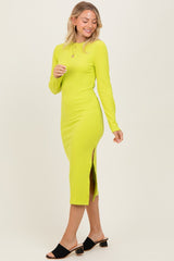 Lime Ribbed Mock Neck Long Sleeve Midi Dress