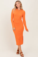 Orange Ribbed Mock Neck Long Sleeve Midi Dress
