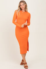 Orange Ribbed Mock Neck Long Sleeve Midi Dress