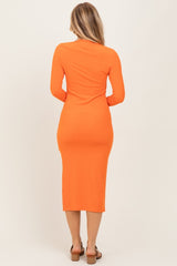Orange Ribbed Mock Neck Long Sleeve Midi Dress