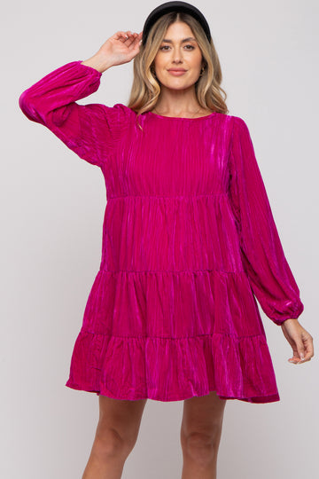 Magenta Velvet Tiered Long Sleeve Maternity Dress