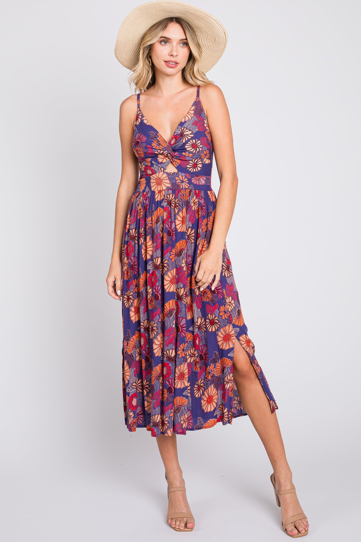 Purple Floral Sleeveless Cutout Maternity Midi Dress