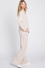 Beige Ribbed Soft Knit Long Sleeve Pajama Set