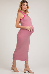 Pink Ribbed Knit Sleeveless Fitted Maternity Midi Dress