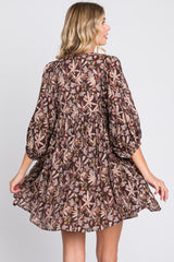 Brown Floral 3/4 Sleeve Dress