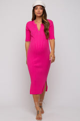 Fuchsia Ribbed Knit Maternity Midi Dress
