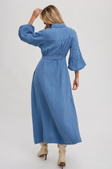 Blue Gauze Belted Shirt Midi Dress