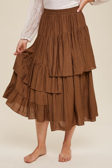 Brown High Waist Asymmetrical Layered Maxi Skirt