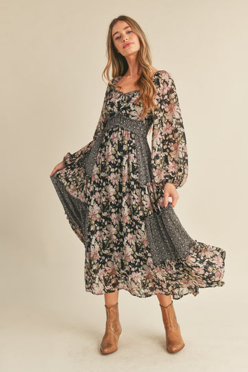 Black Floral Mixed Patchwork Print Ruffle Trim Midi Dress