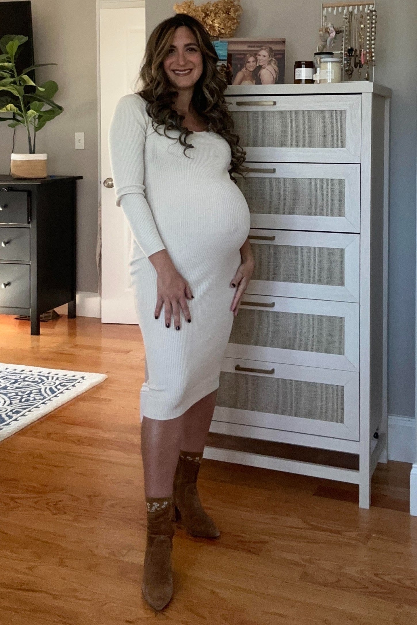 Cream Ribbed Long Sleeve Maternity Midi Dress