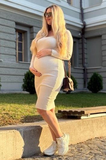 Cream Ribbed Long Sleeve Maternity Midi Dress