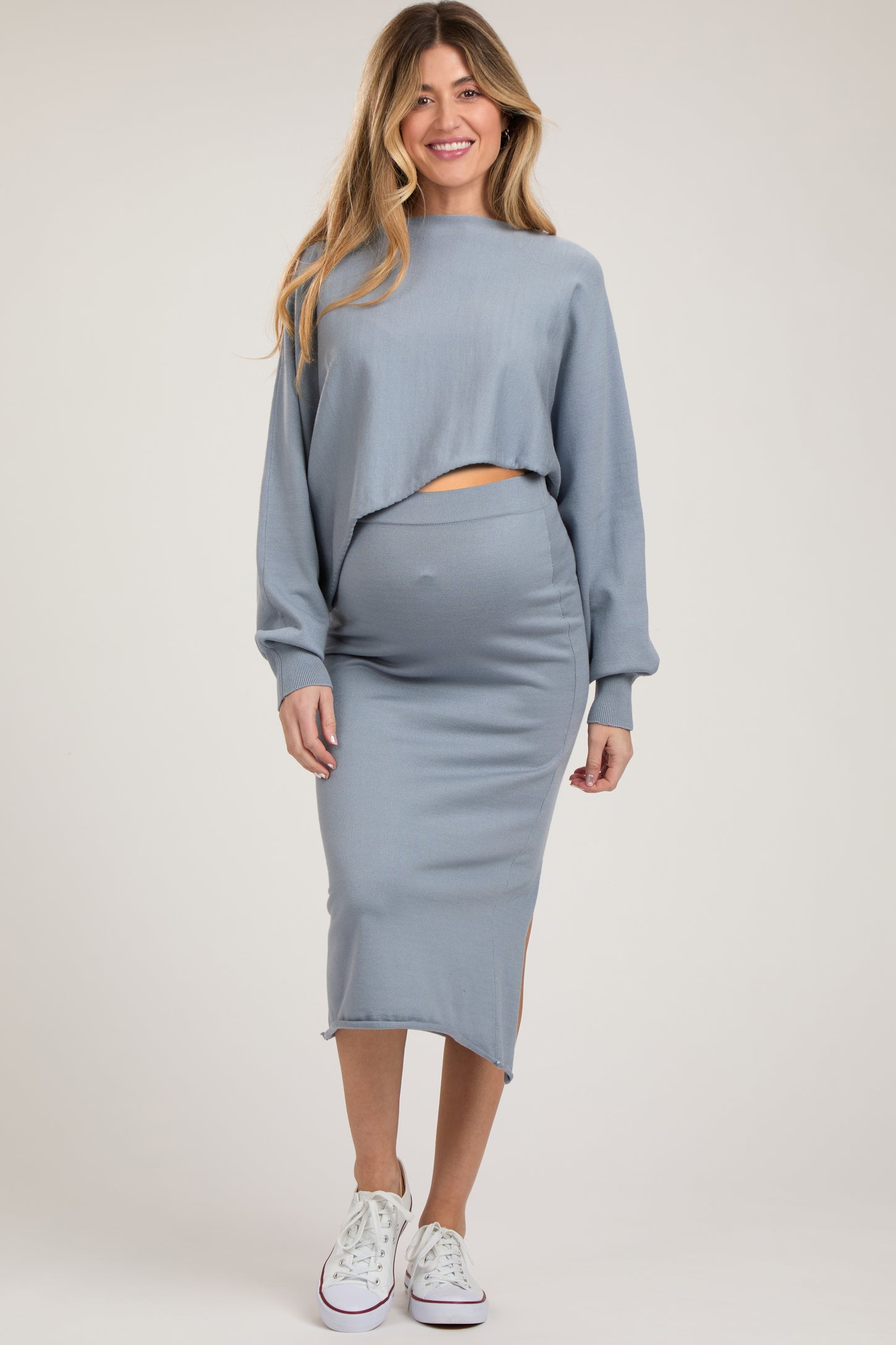 Light Blue Long Sleeve Crop Top Maternity Midi Skirt Set