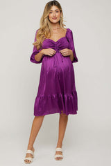 Plum Satin Smocked Ruffle Hem Maternity Dress