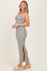 Ivory Striped Twist Front Halter Midi Dress