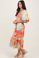 Fuchsia Leaf Print Puff Sleeve Smocked Midi Dress