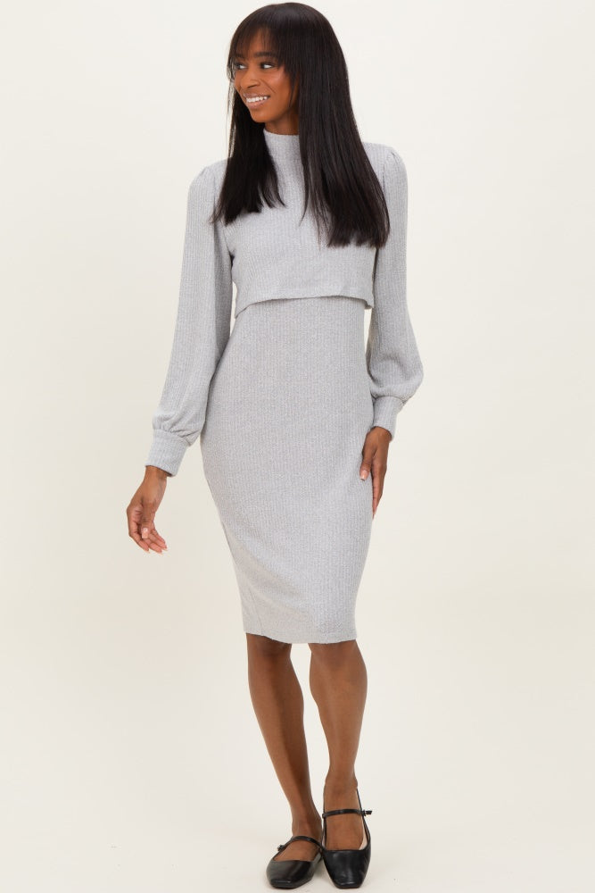 Heather Grey Rib Knit Mock Neck Maternity Nursing Dress