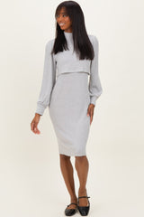Heather Grey Rib Knit Mock Neck Maternity Nursing Dress