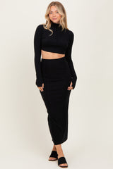 Black Mock Neck Long Sleeve Crop Midi Skirt Set
