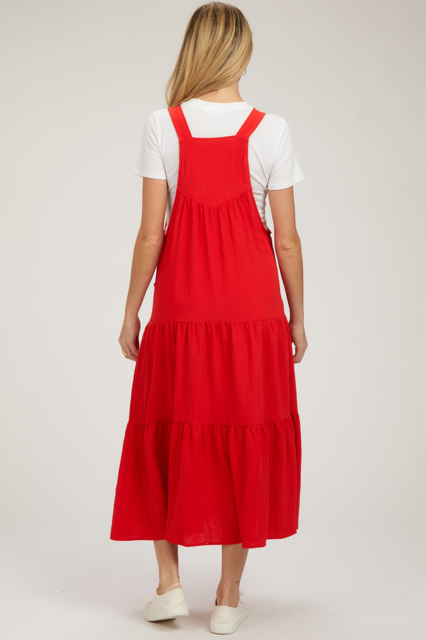 Red Button Sling Tiered Maternity Midi Dress