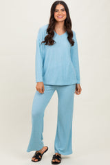 Light Blue Ribbed Soft Knit Long Sleeve Pajama Set