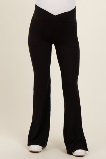 Black Crossover Waist Maternity Flared Leggings